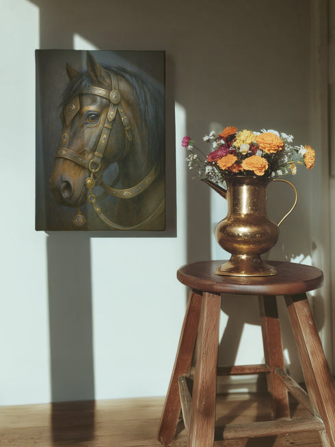 A rectangular, vertical matte canvas print depicting a classical, painterly portrait of a horse's head in profile. The horse is a deep, dark brown with a flowing black mane. It is adorned with an ornate and intricate bridle made of dark leather and burnished gold metal plates, featuring detailed scrollwork. A small, eye-shaped charm with a blue center dangles from the bridle near the horse's cheek. The lighting is dramatic chiaroscuro, with a soft light illuminating the horse's face.